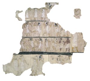 Fragment nástěnné malby zobrazující tančící dívky, detail